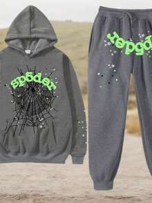 Spider Web Fashion Hip-Hop Printed Flower Hoodie, European And American  Brand Large-Sized Loose Men's And Women's Hooded Sweatshirt Set - Xám - Xem 1