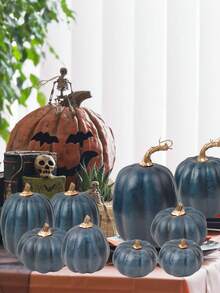 10 件秋季人造南瓜各种尺寸泡沫丰收南瓜适用于万圣节感恩节丰收节派对装饰农舍壁炉餐桌家居装饰 - 感恩南瓜10p-深藍 - 查看 8