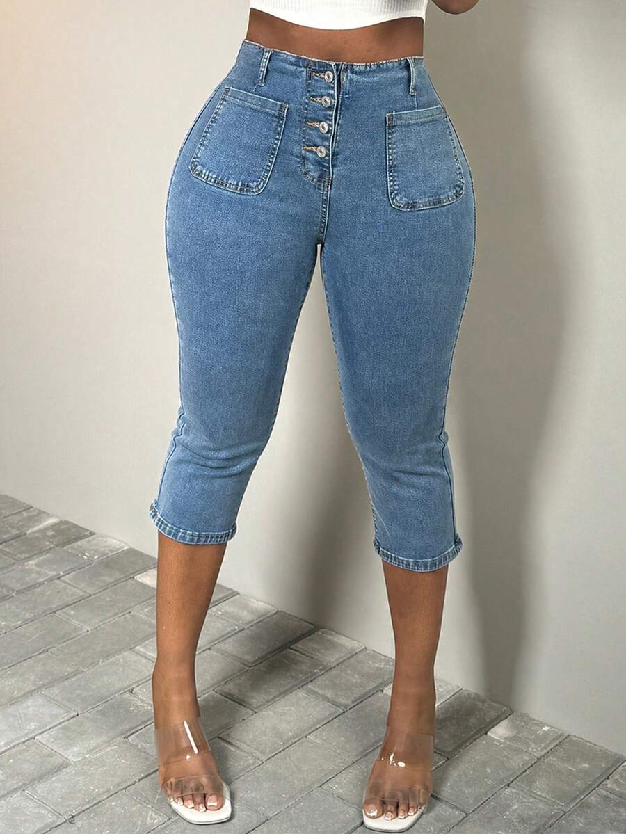 Women's Slim Fit Jeans - 7 Point Long Skinny Jeans Are Comfortable And Casual For Everyday Wear. - 中等水洗藍 - 查看 1
