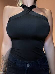 Manon Tanti Solid Form-Fitting Crisscross Halter Top For Summer - Black - View 3