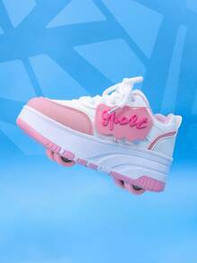 儿童轮滑鞋 4 轮可拆卸系带运动鞋户外轮滑鞋适合男童女童学生，适合休闲、中童和大童 - 粉色 - 查看 8