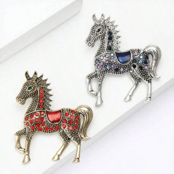 1 Pc Unisex Vintage Enamel Horse Design Rhinestone Brooch, Versatile Clothing Decoration Pin