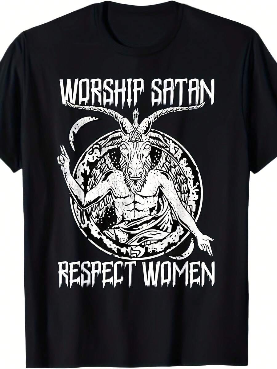 Adoración a Satán Respeto Camiseta de Cabeza de Cabra Satánica-220g 100% Algodón - Negro - Ver 1