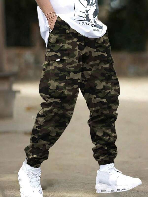1pc Men's Outdoor Casual Cargo Pants, Spring/Summer Camo Print Multi-Pocket Loose Comfortable Hiking Trousers For Beach, Daily, Running, Training, Fitness, Jogger Pants