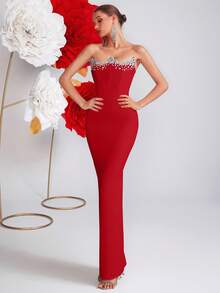 ADYCE 女士优雅无肩带手工镶钻高腰露背系带开衩及地长款礼服，适合晚宴、婚礼宾客、舞会、约会之夜、正式晚宴、生日派对、节日、家庭聚会、新年等各种场合，也适合情人节派对等春季穿着。 - 紅色 - 查看 8