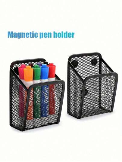 1/2pcs Black Magnetic Metal Wire Mesh Pen Holder, Office Stationery & Creative Storage Organizer, Minimalist Square Magnetic Pen Cup For Whiteboard, Fridge, Cabinet, Strong Magnet