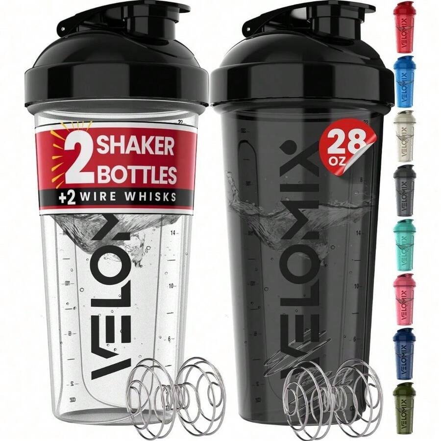 2-Pack 28oz/830ml Premium Shaker Bottles With 4 Stainless Steel Balls - Leakproof Mixer Cups For Protein, Smoothies & Meal Replacement - Gym, Office, Travel & Home Use - Blue & Clear Combo With Measurement Marks - 1) 黑色/透明 - 查看 1
