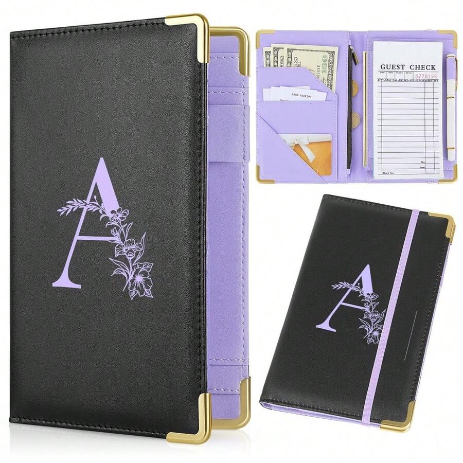 FIODAY Server Book, Alphabet Server Books For Waitress, Leather Waitress Book With Zipper Pocket Serving Book Server Manual Checkbook Fits Server Apron,A - 紫色A - 查看 1