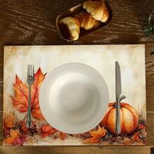 1/2/4/6 Pieces Of Autumn Polyester Placemats - Maple Leaf And Pumpkin Pattern Watercolor Design, 30x45 Cm, Machine Washable Table Mat, Suitable For Thanksgiving, Autumn Kitchen And Dining Decoration, Rural Seasonal Tableware, Autumn Table Decoration, Thanksgiving Plate Arrangement, High-Quality Fabric, Home Entertainment Decoration. - Multicolor - View 6