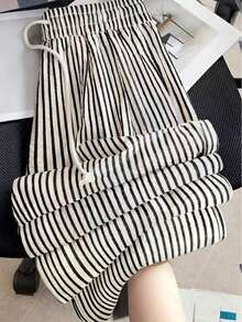 直筒条纹休闲裤，松紧腰带，带口袋，抽绳收口，适合办公室、商务、度假、日常穿着、上学、旅行等场合，春季新款 - 黑與白 - 查看 1