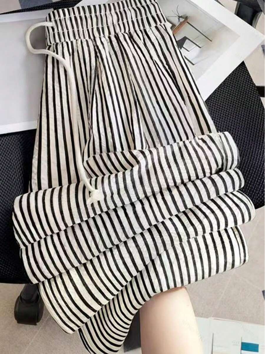 直筒条纹休闲裤，松紧腰带，带口袋，抽绳收口，适合办公室、商务、度假、日常穿着、上学、旅行等场合，春季新款 - 黑與白 - 查看 1