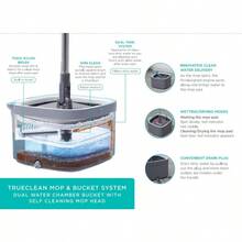 True Clean Spin Mop Bucket System Dual Compartment Design For Clean Dirty Water 360 Swivel Mop Head Builtin Scrubbing Brush Stainl Steel Handle 2 Reusable Microfiber Pads - Gray - 查看 8