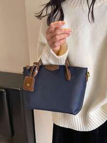 Nueva bolsa cuadrada portátil de tela de nailon impermeable de unicolor con doble asa, se puede colgar, adecuada para viajar, comprar y desplazarse, bolso bandolera vintage con hebilla de aguja, bolso de mano de gran capacidad - Azul - Ver 7