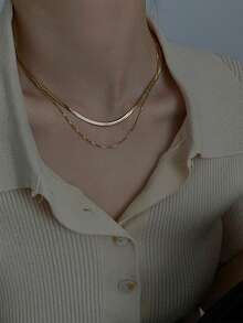 Nooxian 2pcs Stainless Steel Minimalist Casual Gold-Color Chain Necklace For Women - Yellow Gold - View 6