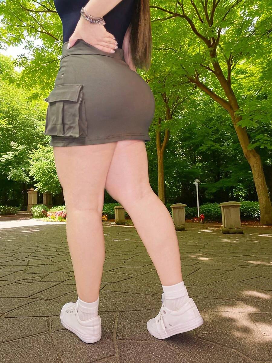 Falda con short cargo stretch casual tiro alto para mujer - Verde militar - Ver 1