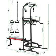 Dip Station Power Tower, Multifunktionale Kraftturm mit klappbarem Hantelbank, Klimmzugstange für Krafttrainingsgeräte für Heim-Fitnessstudio, inkl. Trainingsbänder, Ladekapazität bis zu 200KG - Schwarz - Übersicht 2