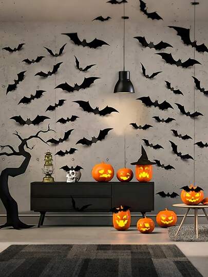 12/48 件 3D 万圣节黑蝙蝠墙贴恐怖蝙蝠贴纸适用于家庭、卧室、客厅、酒吧、房间装饰、万圣节派对用品、家居装饰、房间装饰、派对用品