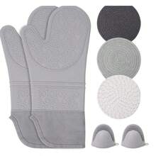 Oven Mitts Oven Gloves And Cotton Thread Weave Pot Holders Sets, Heat Resistant Silicone Oven Mittens With Hot Pads Potholders Farmhouse Kitchen Decor For Kitchen Cooking Baking Accessories - 灰色 - 查看 1