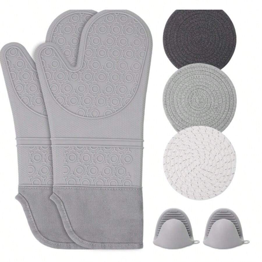 Oven Mitts Oven Gloves And Cotton Thread Weave Pot Holders Sets, Heat Resistant Silicone Oven Mittens With Hot Pads Potholders Farmhouse Kitchen Decor For Kitchen Cooking Baking Accessories - Xám - Xem 1