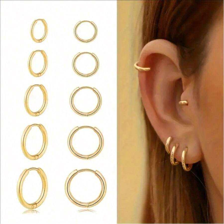 5 Pairs Elegant Minimalist Stainless Steel Hoop Earrings Set, Suitable For Women, Fashion Small Cartilage Helix Piercing Earrings, Suitable For Daily And Party Wear