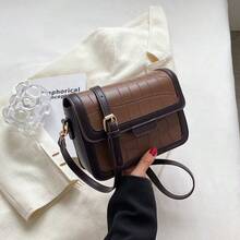 Bolso pequeño cuadrado con patchwork de estampado de cocodrilo multicolor, diseño exclusivo de alta gama, bolso de hombro o bandolera versátil, ideal para el día a día, citas, compras y vacaciones; perfecto para mujeres con estilo. - Café - Ver 1
