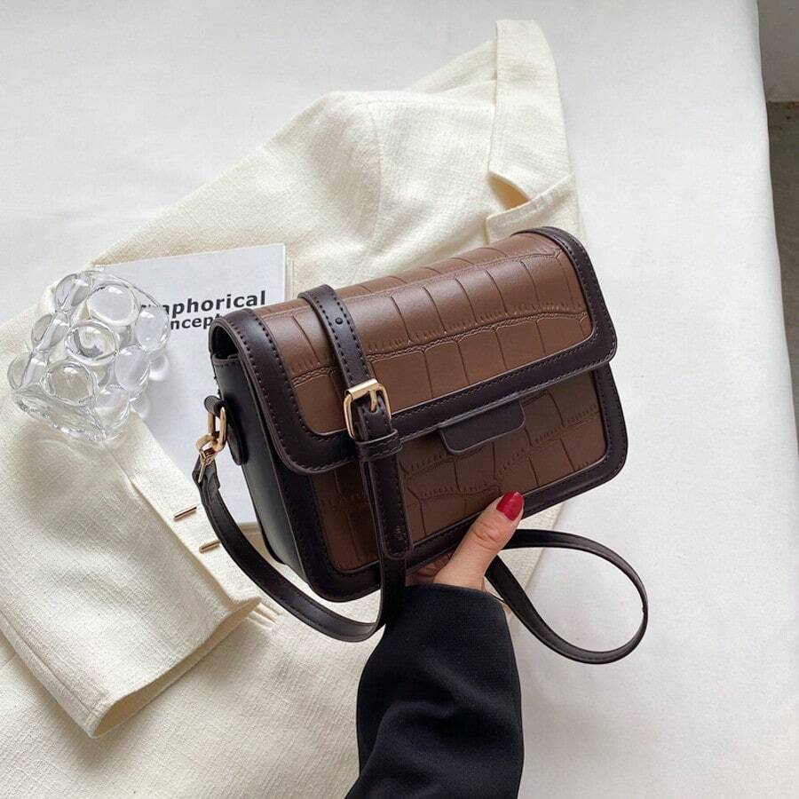 Bolso pequeño cuadrado con patchwork de estampado de cocodrilo multicolor, diseño exclusivo de alta gama, bolso de hombro o bandolera versátil, ideal para el día a día, citas, compras y vacaciones; perfecto para mujeres con estilo. - Café - Ver 1