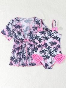 Conjunto de traje de baño de una pieza con volantes, tirantes finos y lazo decorativo, con estampado de sombra de coco y ola púrpura, para niñas jóvenes - Multicolor - Ver 2