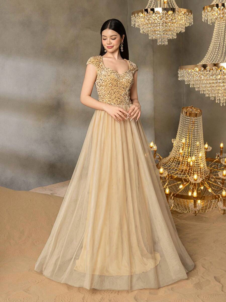 Váy dạ hội thanh lịch dành cho bé gái tuổi teen Alisa&Leo - Tay lửng có thân áo đính sequin, chân váy xếp nếp bằng vải tuyn cho tiệc tốt nghiệp, trang phục dự tiệc cưới, dạ hội và sự kiện trang trọng cao cấp - Rượu sâm banh - Xem 1