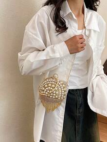 球形珍珠拼色流苏包，圆形手柄手拿包，斜挎链条包，适合晚会、宴会、晚礼服、口红、零钱包 - 金色 - 查看 6