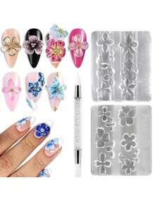 2件套3D立体花卉美甲模具，硅胶材质，带雕刻笔、透明美甲模板、莲花和樱花图案模具，树脂环氧树脂专业用品 - 彩色 - 查看 7