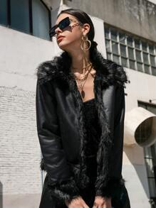 RELISH NOLESS Damen Schwarze einfarbige kurze Jacke mit Kunstpelzkragen, Kunstpelzjacke, Winter