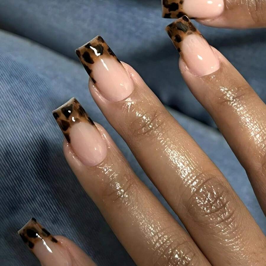 MFrench Tip Pr On Nails Medium Square Fake Nails With Leopard Print Designs Glossy Full Cover Nude Glue On Nails Cheetah Nails Acrylic Stick On Nails For Coquette Women Girls 24 Pcs8001 - 棕色 - 查看 1