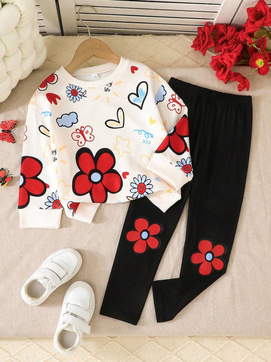 Bộ 2 món/Bộ trang phục áo và quần in họa tiết thời trang & thanh lịch cho bé gái - Đỏ - Xem 1