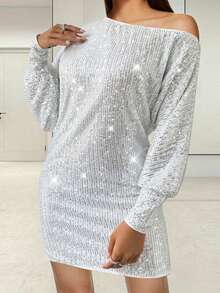 Vestido mini ajustado con un hombro descubierto, con lentejuelas, de manga larga y estilo elegante para mujer - Blanco - Ver 2