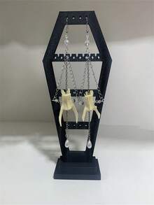 1pc Gothic Style Earring Storage Rack - Durable Plastic Rectangular Desktop Organizer With Multiple Hooks, Black Home Decor For Bathroom Bedroom Living Room, Halloween Holiday Gift, Bedroom Accessory, Decorative Stand, Compact Organizer, Unique Geometric Design, Jewelry Towers - Black - View 6