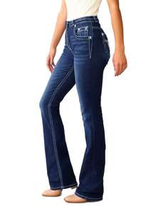 Women's Dark Blue High Waist Flare Jeans, Made Of Durable Premium Denim With Elastic Recovery, Featuring Double - Button Front, Contrast Stitching Detailing, And Intricate Steer Skull Embroidered Back Pockets For A Retro Western Vibe