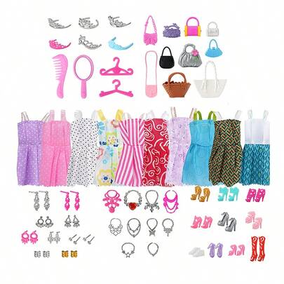 60 piezas de accesorios de juguete de regalo de vacaciones para muñecas niña, 30 cm de muñecas/muñecas de 11.5 pulgadas, 10 vestidos de moda aleatorios, 10 pares de zapatos aleatorios, 10 bolsos, 4 coronas, 10 collares, 10 aretes, adecuado para muñecas de 11 pulgadas, ropa de muñeca, muñeca grande, muñecas pequeñas, ropa, casa, accesorios, ropa de muñeca, ropa para barbies, accesorios de muñeca, accesorios para muñecas
