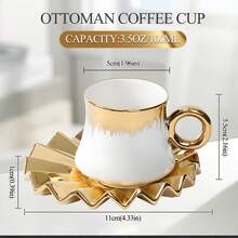 6-Piece Turkish Coffee Cup Set - 3.5oz Ceramic Espresso Cups With Gold-Plated Rims & Saucers - Ottoman-Style Gold Design In Gift Box - White - View 9