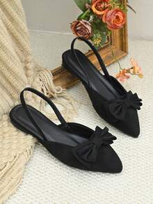 Sandale elegante pentru femei cu vârful închis și fundă, pantofi de birou cu vârful ascuțit, sandale plate fără mâneci cu finisaj de catifea, negre, primăvară/toamnă - Negru - Vizualizare 7
