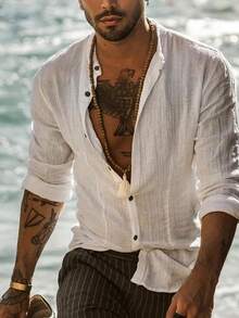 Men's Comfortable Breathable Simple Striped & Solid Color Casual Long Sleeve Shirts, Leisure Vacation Style, Spring/Summer, Fall - White - View 1