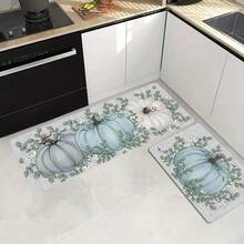 1/2 piezas Alfombras de piso de otoño y Acción de Gracias, elegante alfombra de cocina con estampado de calabaza azul y hoja verde, apropiada para uso interior/exterior, perfecta para actividades festivas, decoración de ambiente de Acción de Gracias, decoración de piso | Alfombras festivas de piso | Alfombras de piso duraderas - Multicolor - Ver 7