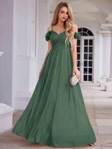 橄榄绿露肩吊带伴娘礼服，优雅正式晚礼服