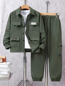 Tween BoySpring/Autumn Corduroy Long Sleeve Shirt With Pockets & Casual Pants Gentleman Suit Set - Green - View 1