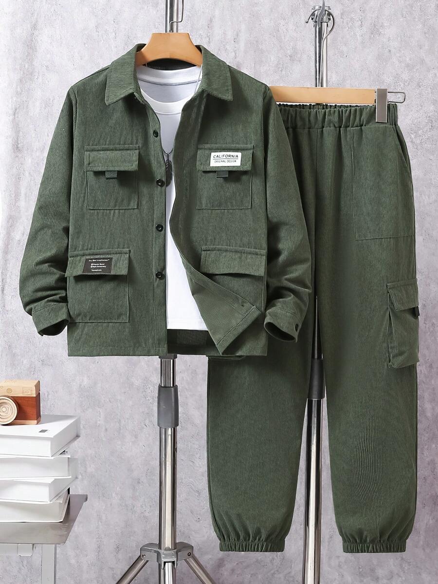 Tween BoySpring/Autumn Corduroy Long Sleeve Shirt With Pockets & Casual Pants Gentleman Suit Set - Green - View 1
