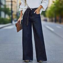 Women's Dark Blue High - Waisted Wide - Leg Denim Jeans With Detachable Belt, Featuring Classic Yellow Stitching, Loose Fit For Effortless Chic, Ideal For Creating Casual Or Dressy Looks In All Seasons