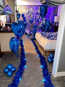 551pcs Blue & Silver Birthday Balloon Kit, 500pcs Non-Woven Fabric Petals, Happy Birthday Banner Letters + Heart Foil Balloons, Dark Aesthetic Party Backdrop, Suitable For Romantic Bedroom Decor, Midnight Surprise Birthday Party Decoration - Multicolor - View 7
