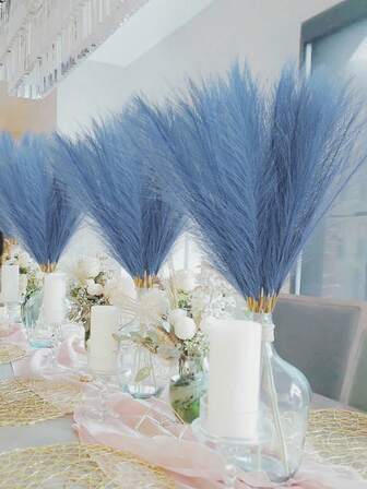 1/10/12PCS Blue Artificial Pampas Grass Decor - Premium Faux Floral Boho Wedding Centerpieces | Realistic Fluffy Fake Pampas Grass Stems For Vase Filler, Flower Arrangement & Home Decor | Perfect For Living Room,Fall Decor,Wedding Decor