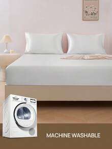 1件白色奢华丝滑缎面床笠，适用于15-17英寸厚的床垫，柔软透气，抗皱，提升睡眠质量，优雅酒店风格，全包式松紧带，深口袋设计，适用于单人床、双人床、大号床、特大号床。适用于家庭和宿舍床上用品，通过Oeko-Tex认证。 - 白色 - 查看 8