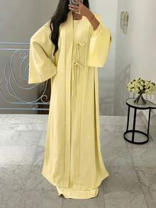 Women's Elegant Sleeveless Robe And Bowknot Long Cardigan Two Pieces Set - Light Yellow - View 7