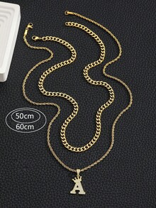 2pcs Set: Fashionable Crown & Letter Pendant Twist Rope Chain And Cuban Chain Multi-Layer Necklace, Suitable For Children Boys Girls Street Party Accessories, Daily Wear - Gold - View 6